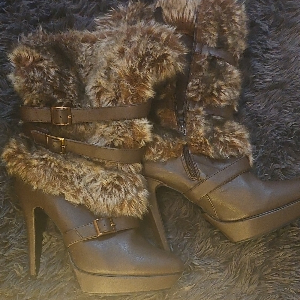 JustFab Brown Heeled Boots with Faux Fur Trim